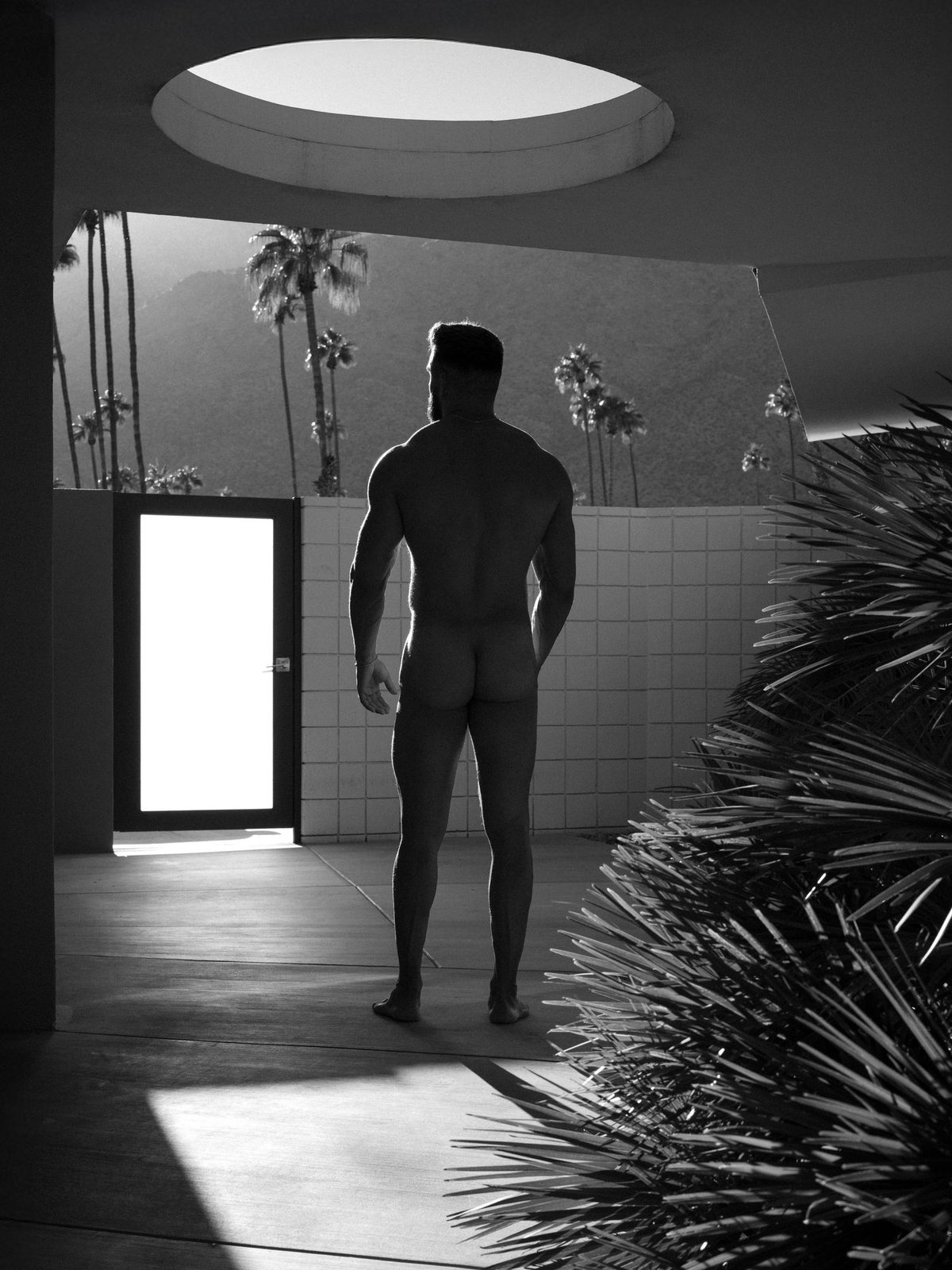 A nude man stands silhouetted in a breezeway doorway, seen from behind beside palm fronds, backlit at dusk; black and white.