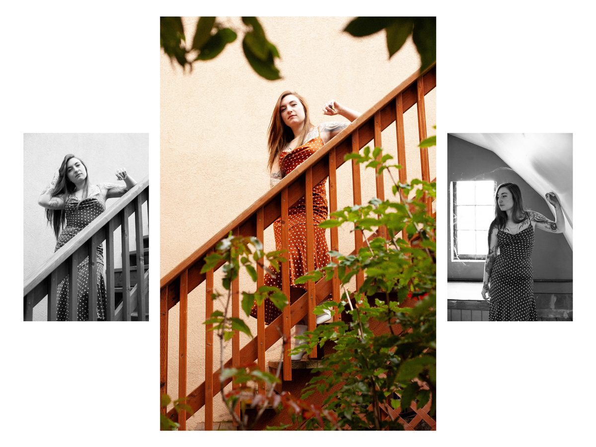 Spread 2 of 4 from Rarity: three photographs of a woman in a red polka-dot dress on a wooden staircase and by a round window; colour and black and white.