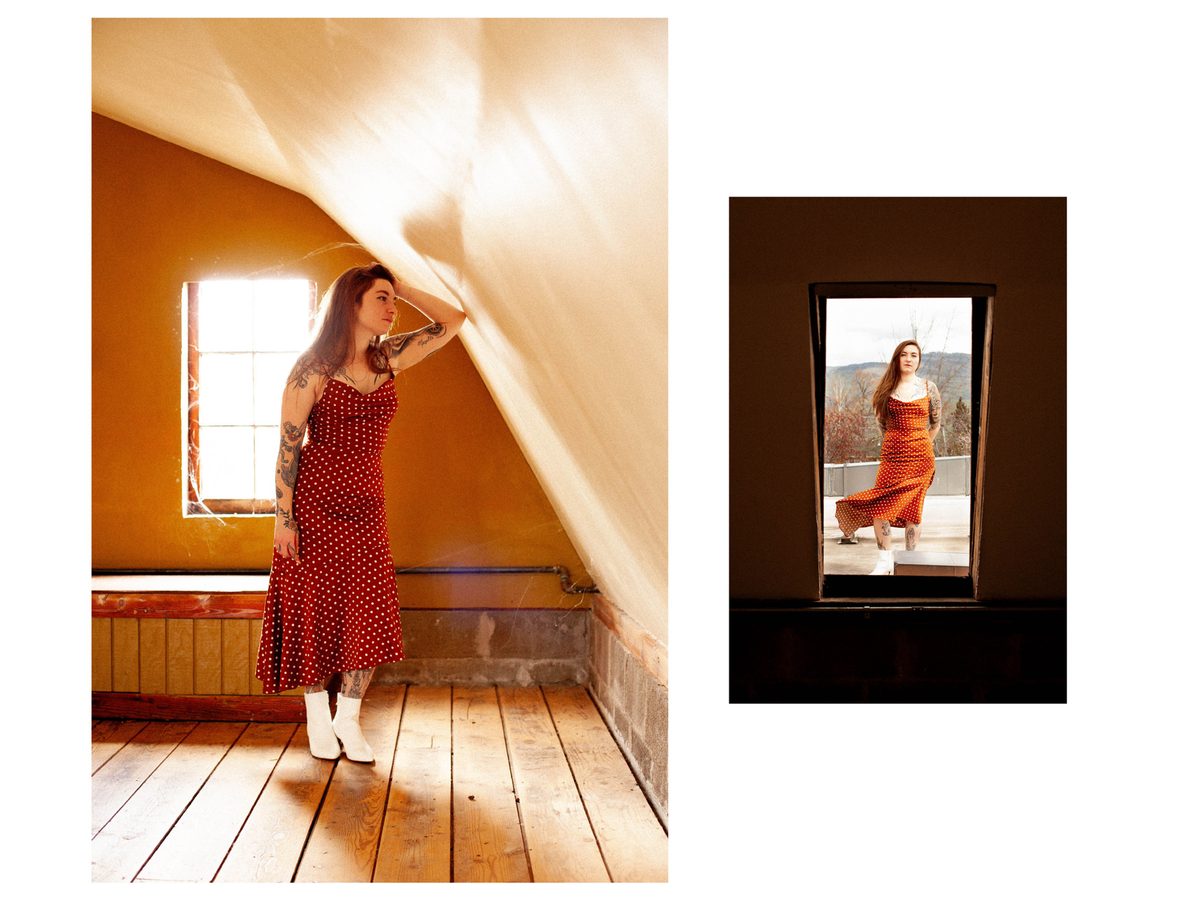 Spread 3 of 4 from Rarity: two photographs of a woman in a red polka-dot dress, against a sunlit sloped wall and reflected in a doorway; colour.