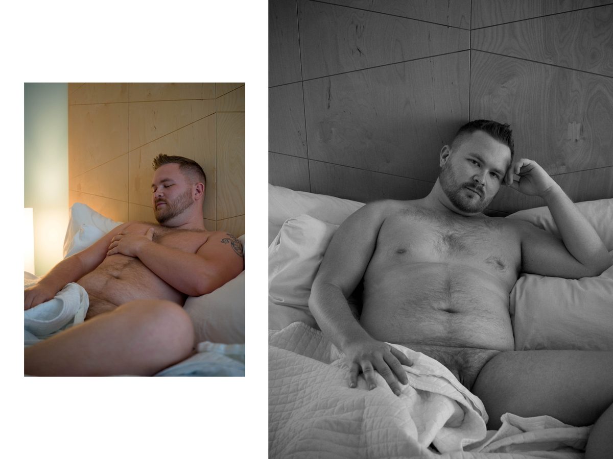 Spread 2 of 18 from Twin Palms: two photographs of a nude man reclining in bed, one close, one wider, resting his head on his hand; black and white.