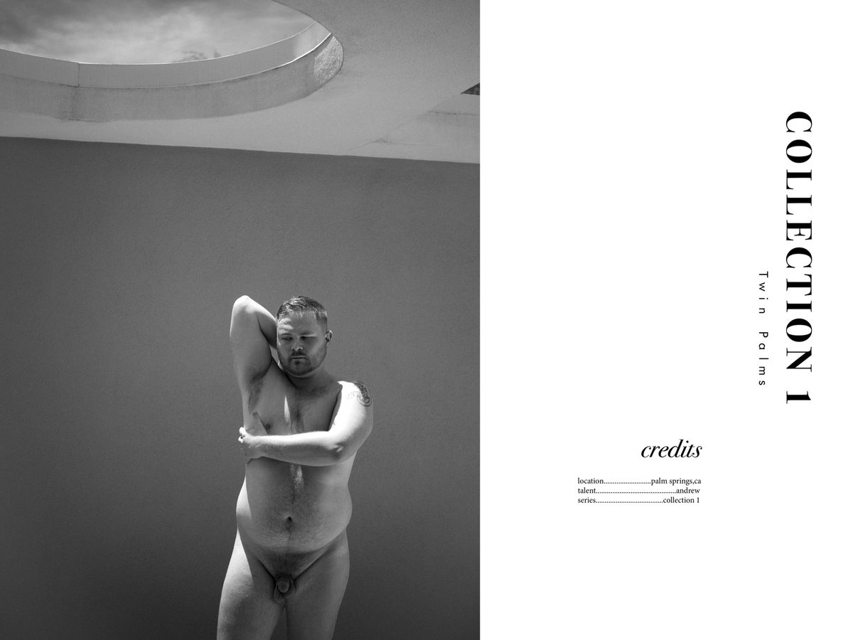 Spread 9 of 18 from Twin Palms: a nude man stands under a round skylight, arms crossed at his chest, beside the collection's title and credits; black and white.