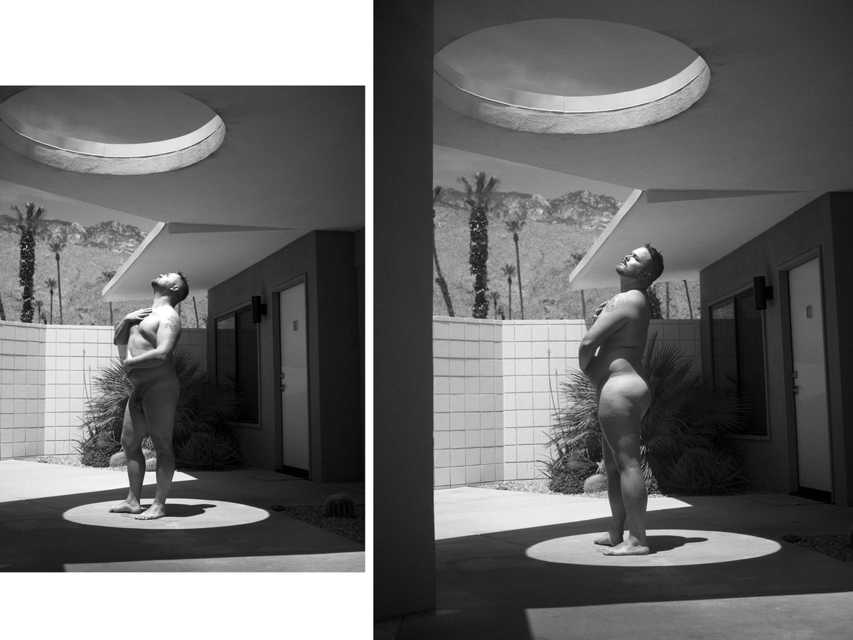 Spread 10 of 18 from Twin Palms: two photographs of a nude man standing under a round breezeway skylight by palm trees, head tilted back; black and white.