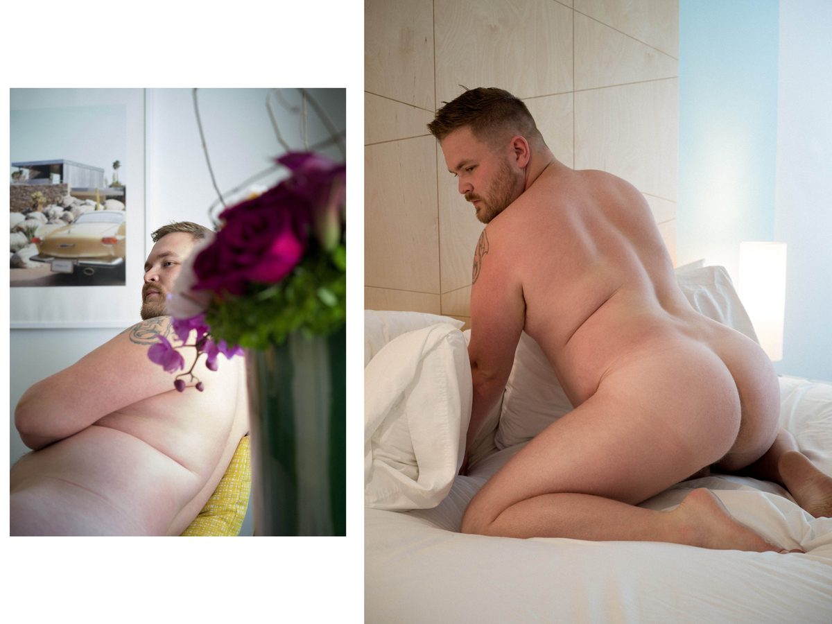 Spread 12 of 18 from Twin Palms: two photographs of a heavyset man, one seated beside flowers, one kneeling nude on a bed seen from behind; colour.