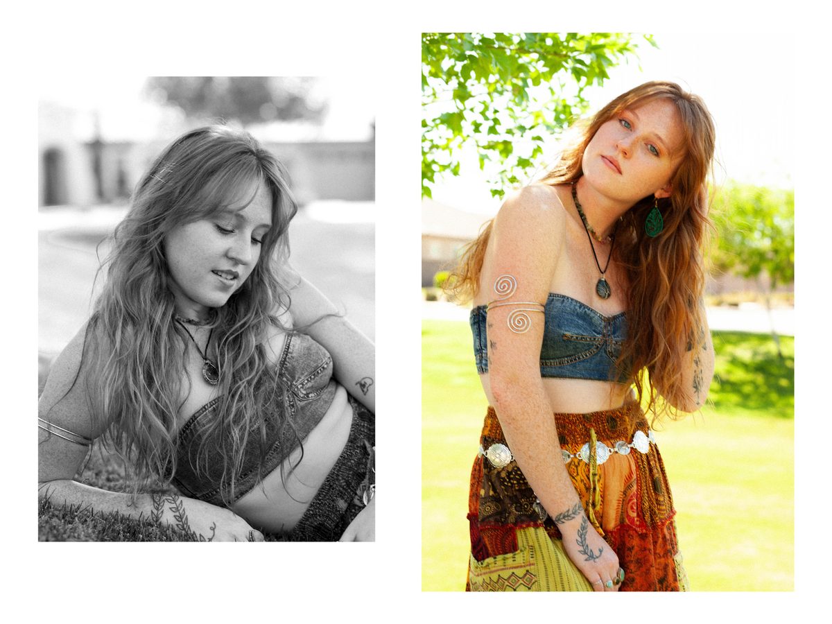 Spread 2 of 3 from Summer Siren: two photographs of a red-haired woman in a denim crop top and layered skirt outdoors; black and white and colour.