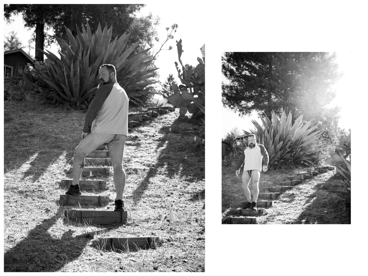 Spread 4 of 7 from Lazy Bear: two photographs of a bearded man in a t-shirt and shorts walking down outdoor steps among agave plants; black and white.