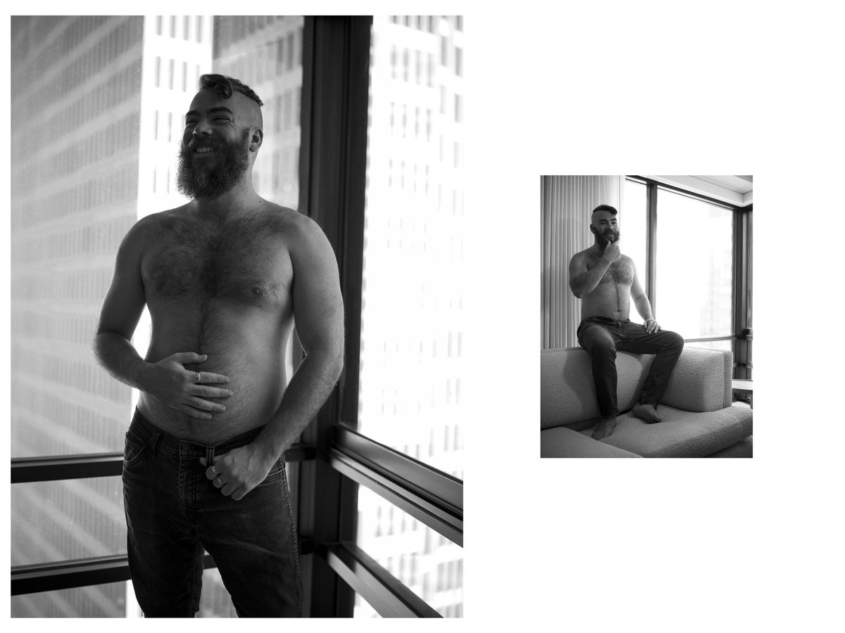 Spread 2 of 7: two photographs of a bearded man in jeans at a window, bare-chested, one smiling, one close in profile; black and white.