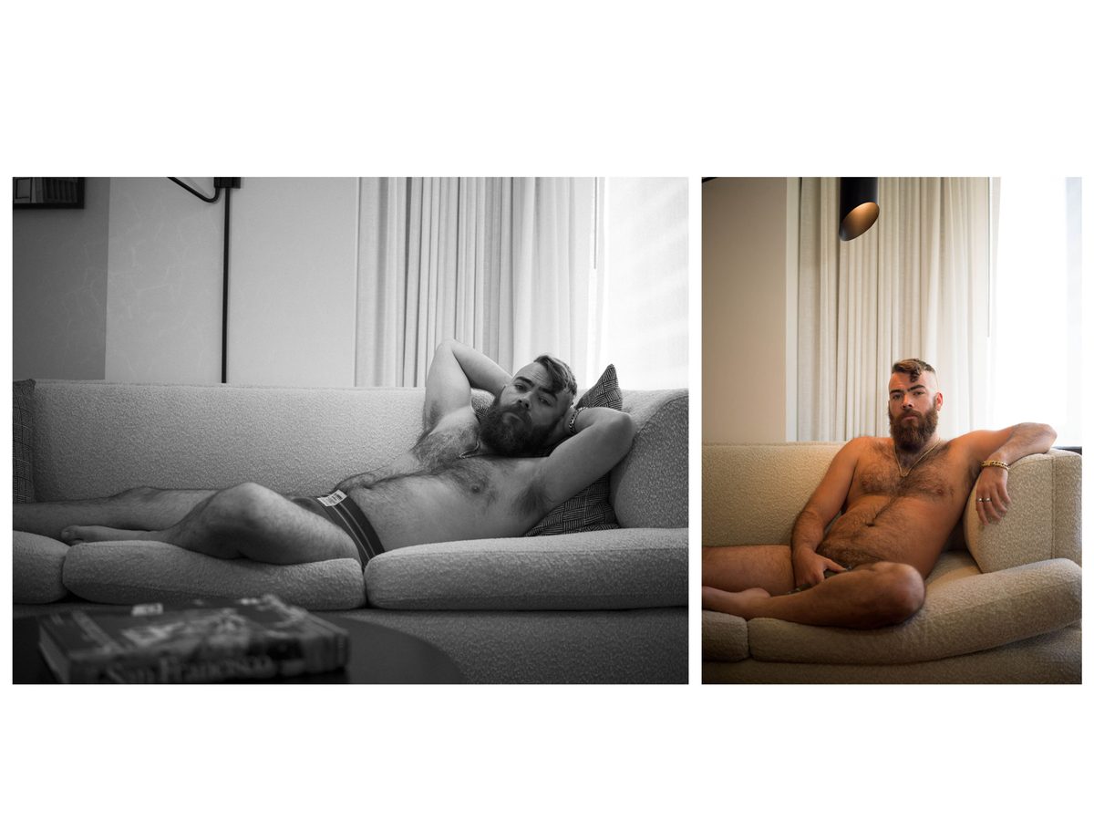 Spread 5 of 7: two photographs of a bearded, hairy-chested man reclining on a sofa, in briefs and nude; black and white and colour.