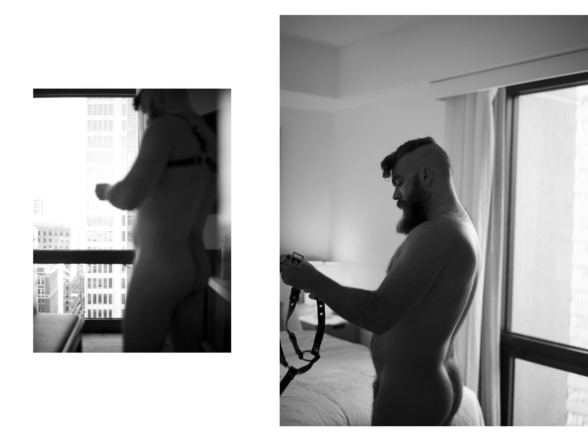 Spread 6 of 7: two photographs of a nude bearded man in silhouette at a window and holding a harness indoors; black and white.