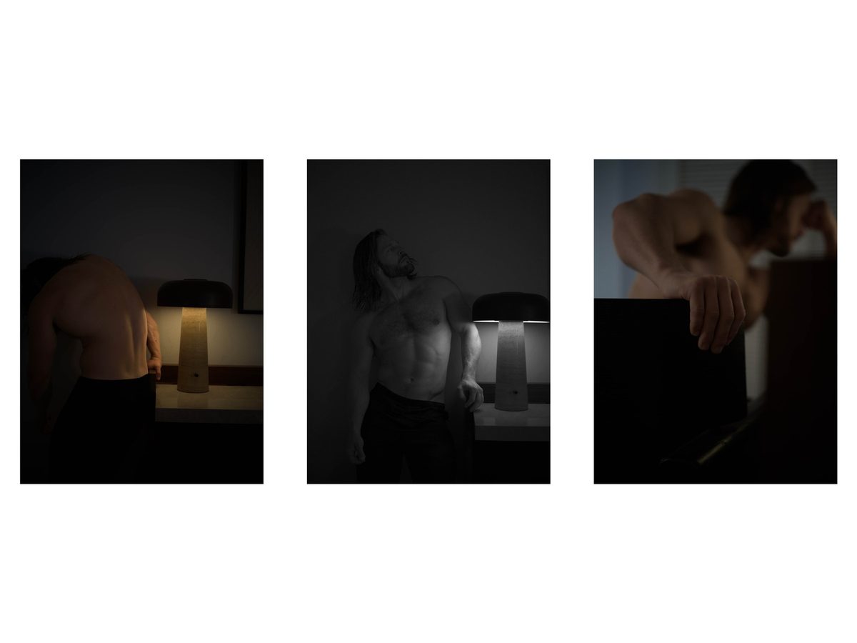 Spread 2 of 15 from An American Pyscho: three dim photographs of a shirtless man's back and torso beside a bedside lamp; black and white.