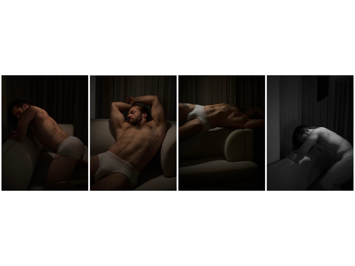 Spread 4 of 15 from An American Pyscho: four photographs of a man in white briefs reclining on a sofa in dim light; black and white and colour.