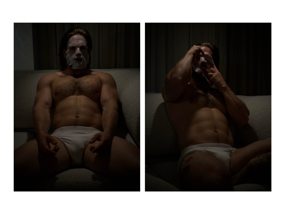 Spread 5 of 15 from An American Pyscho: two photographs of a muscular man in white briefs on a bed, one wearing a white face mask; colour, low light.