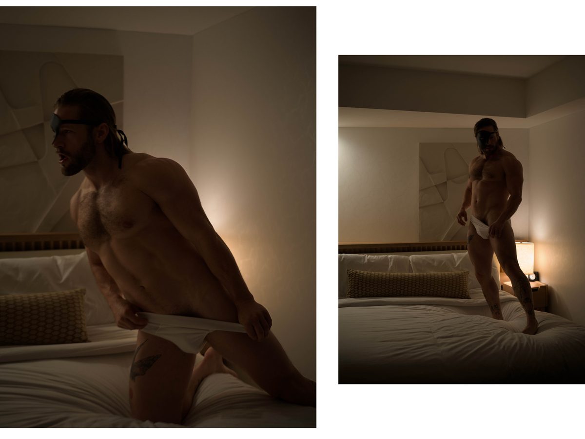 Spread 6 of 15 from An American Pyscho: two photographs of a man in a sleep mask kneeling on a bed and standing in briefs; colour, low light.