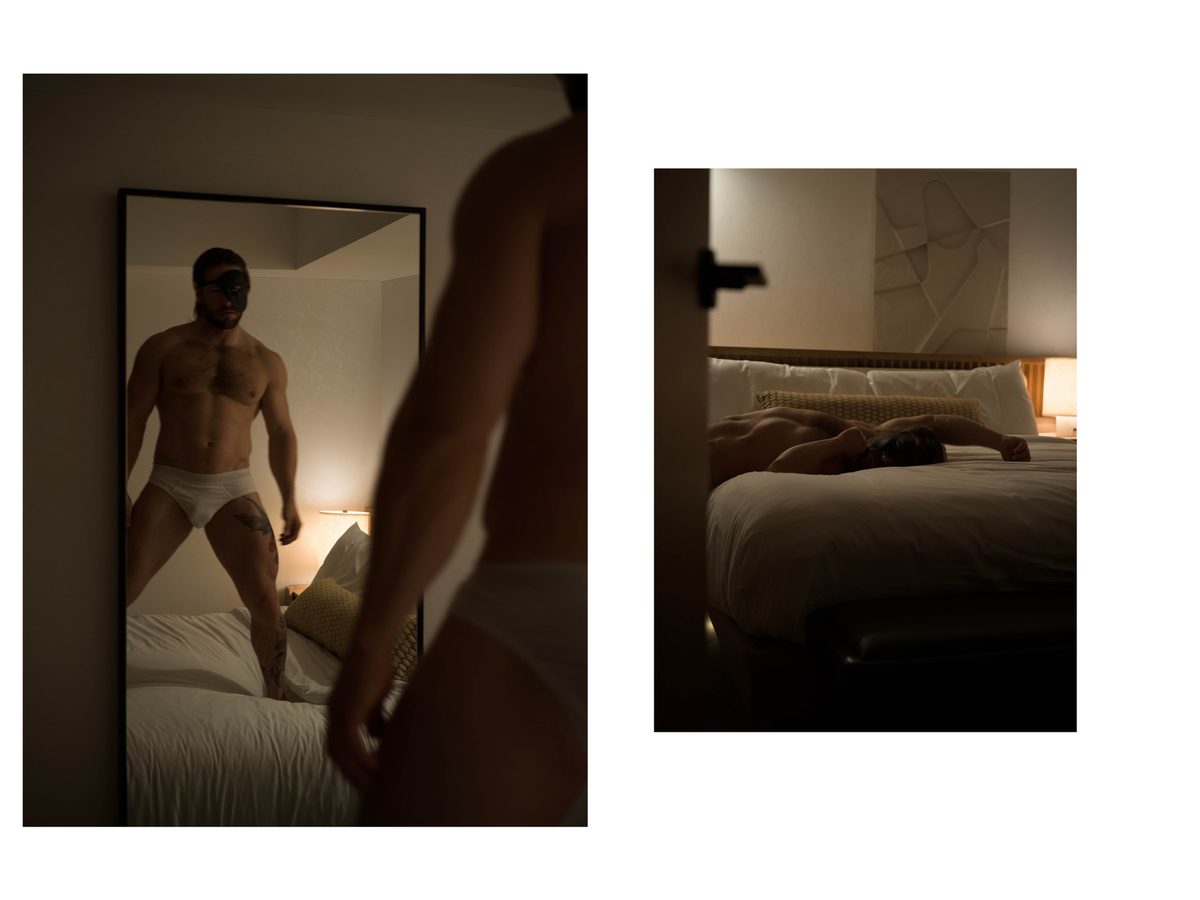 Spread 7 of 15 from An American Pyscho: two photographs of a man in a sleep mask and briefs reflected in a mirror, and lying on a bed; colour, low light.