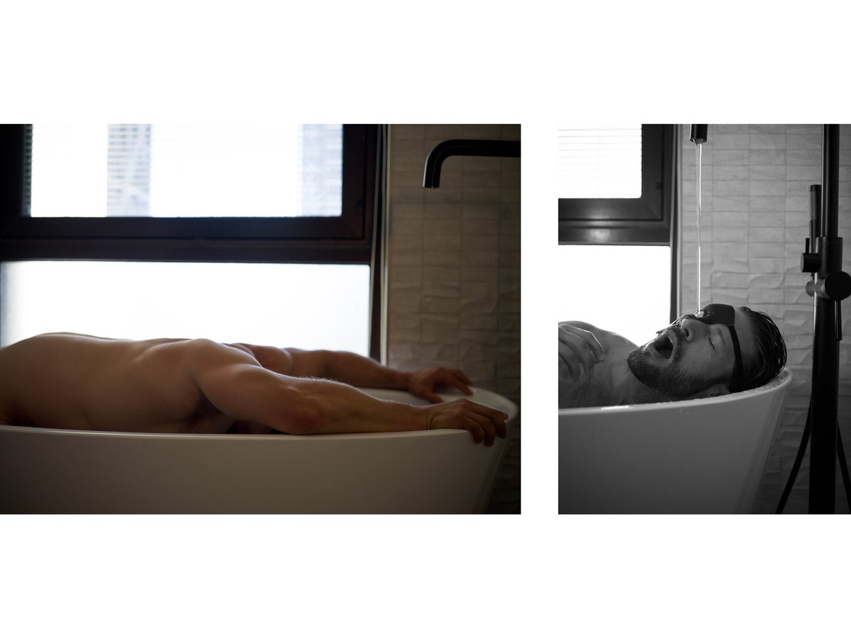 Spread 13 of 15 from An American Pyscho: two photographs of a man lying in a bathtub, one face down, one wearing a sleep mask; black and white.