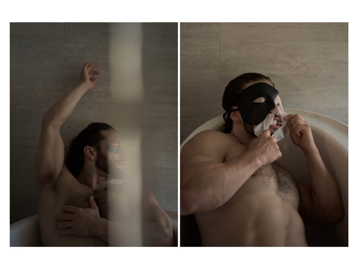Spread 14 of 15 from An American Pyscho: two photographs of a man in a bathtub, one reaching upward, one applying a black face mask; colour, low light.
