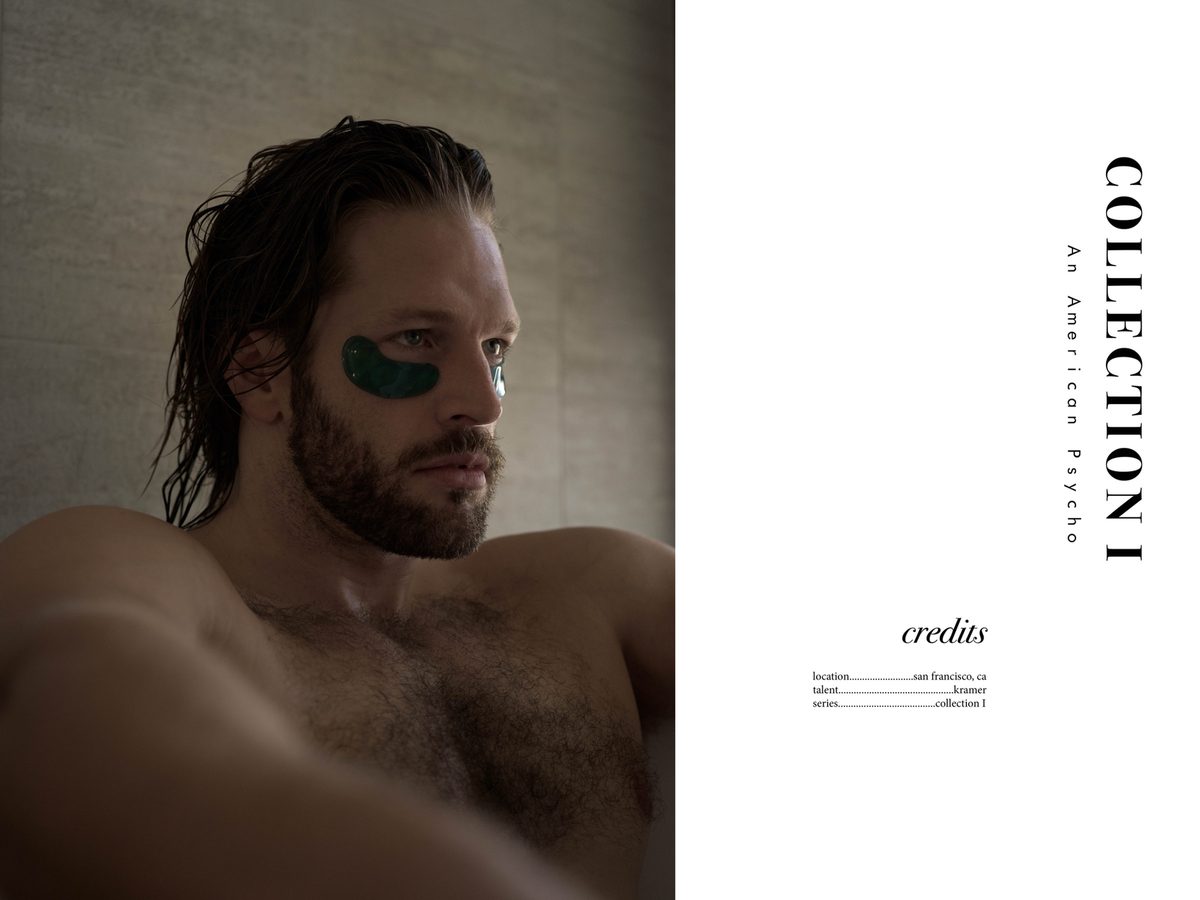 Spread 15 of 15 from An American Pyscho: a damp-haired man with under-eye patches looks aside, beside the collection's title and credits; colour, low light.