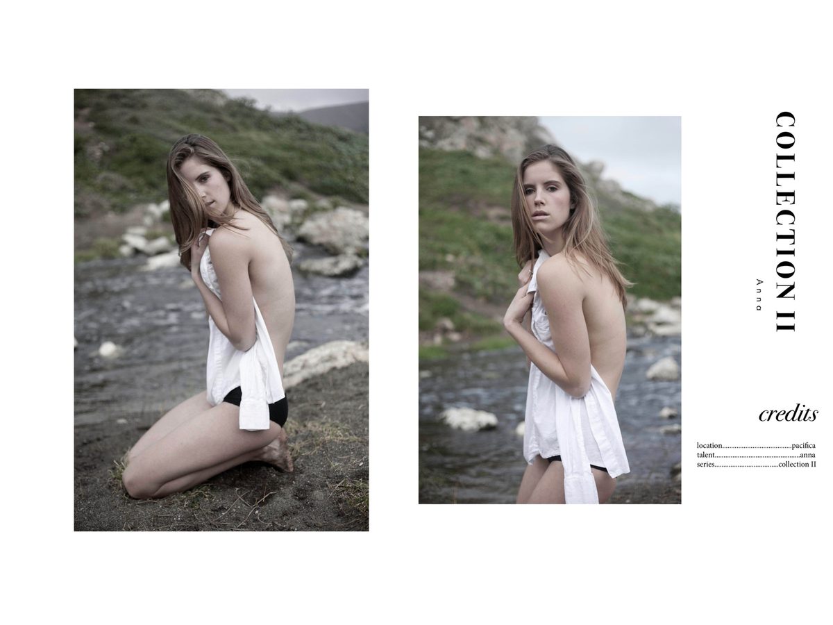 Spread 3 of 3 from Pacifica Romantica: two photographs of a woman in a white top kneeling and standing by a coastal stream, beside the collection's title and credits; colour.