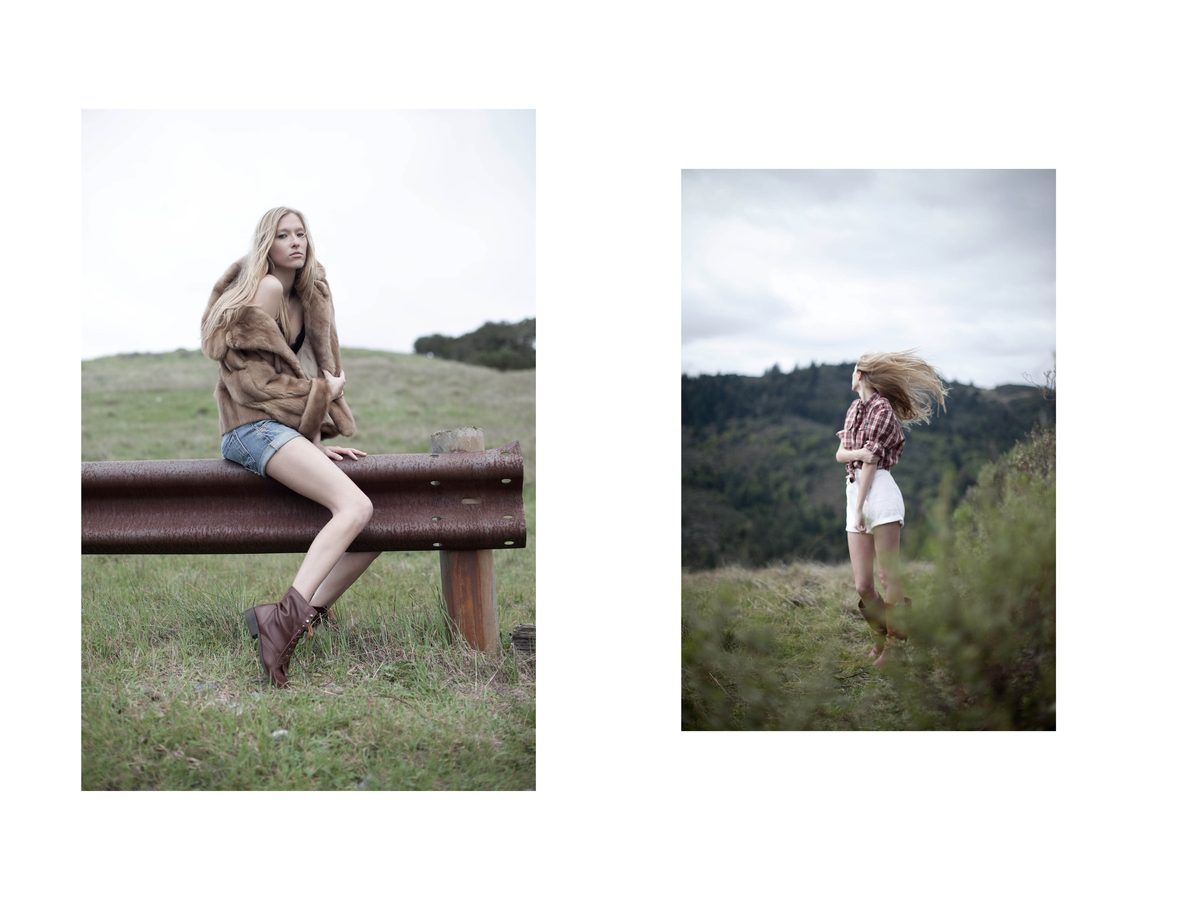 Spread 2 of 3 from Marin County: two photographs of a woman outdoors, one seated on a rail in a fur coat, one leaping in a plaid shirt; colour.
