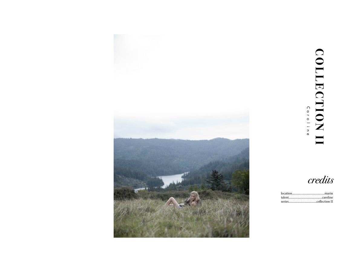Spread 3 of 3 from Marin County: a woman lies in a grassy hillside overlooking a lake, beside the collection's title and credits; colour.