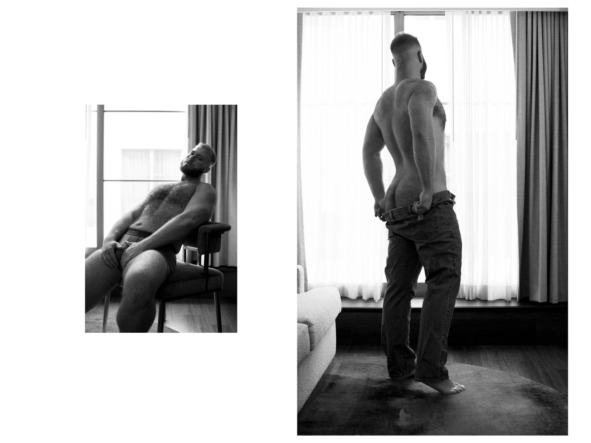 Spread 3 of 4 from A Quiet Confidence: two photographs of a bearded man seated in a chair and standing shirtless, pulling on jeans; black and white.