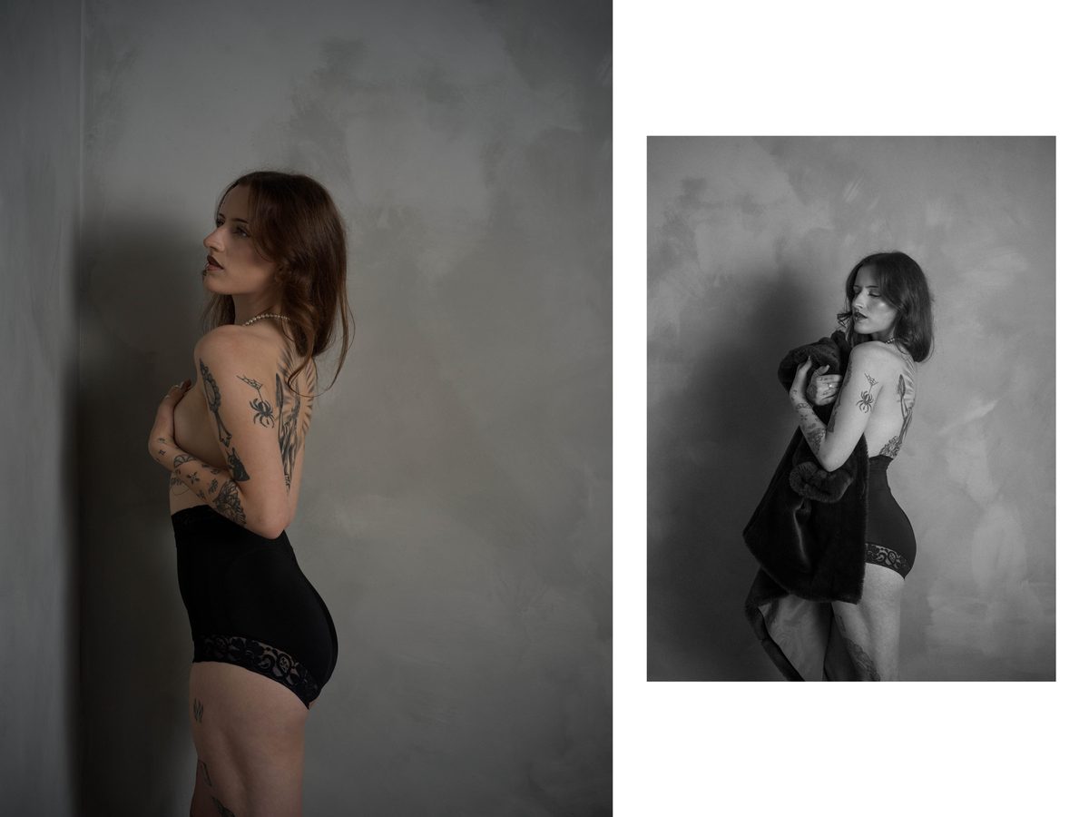 Spread 4 of 7 from The Apprentice: two photographs of a tattooed woman in black briefs against a textured wall, one topless in profile; black and white.