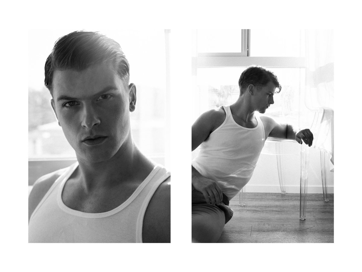 Spread 4 of 8 from The Maintenance Man: two photographs of a young man in a tank top, one a close portrait, one seated with arm on a chair; black and white.