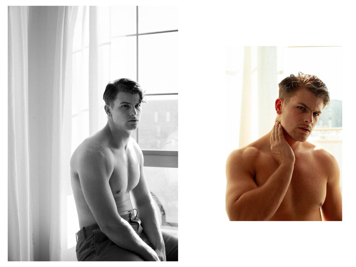 Spread 5 of 8 from The Maintenance Man: two photographs of a shirtless young man, seated at a window and a close portrait with hand at his neck; black and white and colour.