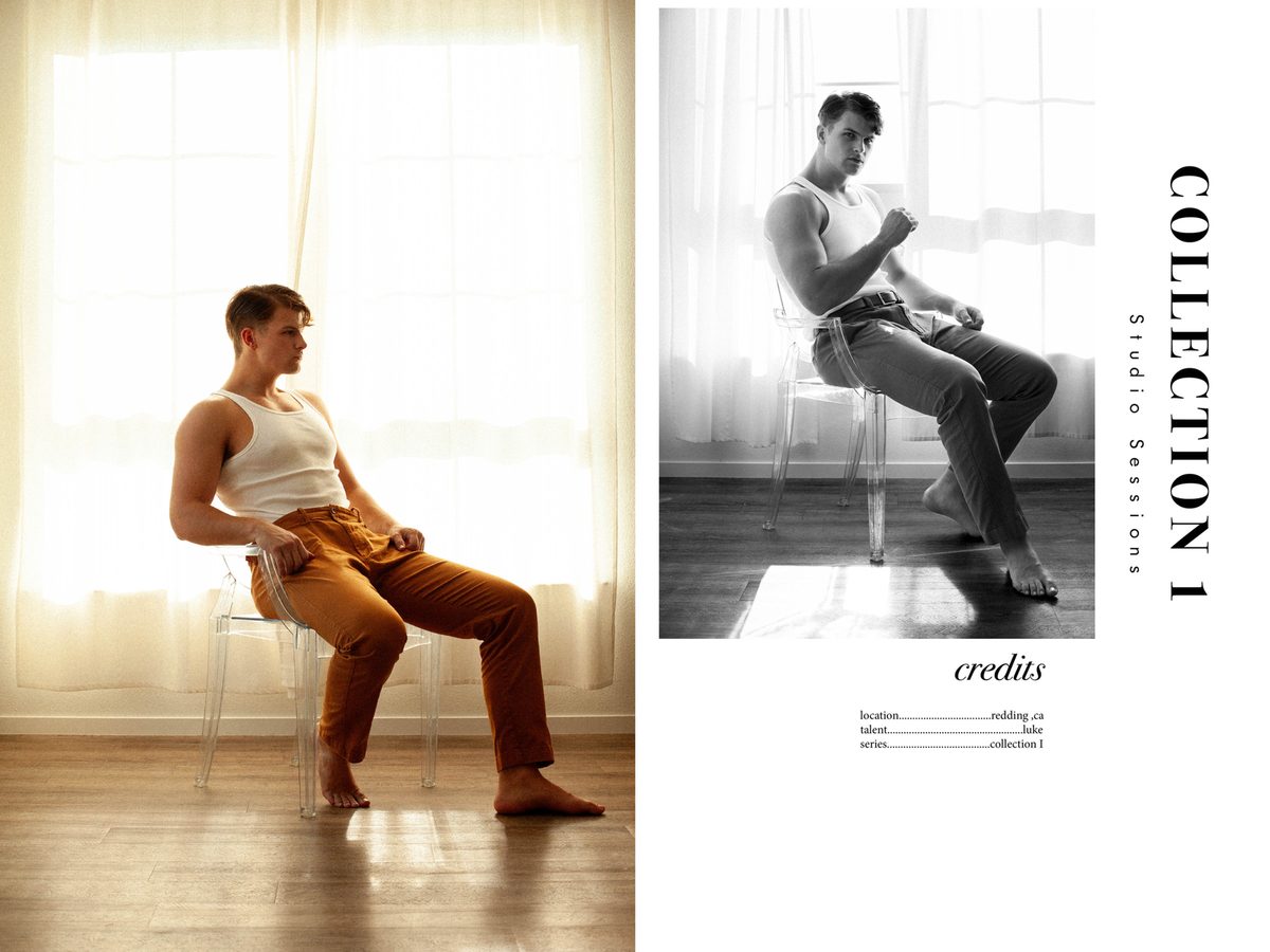 Spread 8 of 8 from The Maintenance Man: two photographs of a young man seated on chairs by a window, beside the collection's title and credits; colour and black and white.