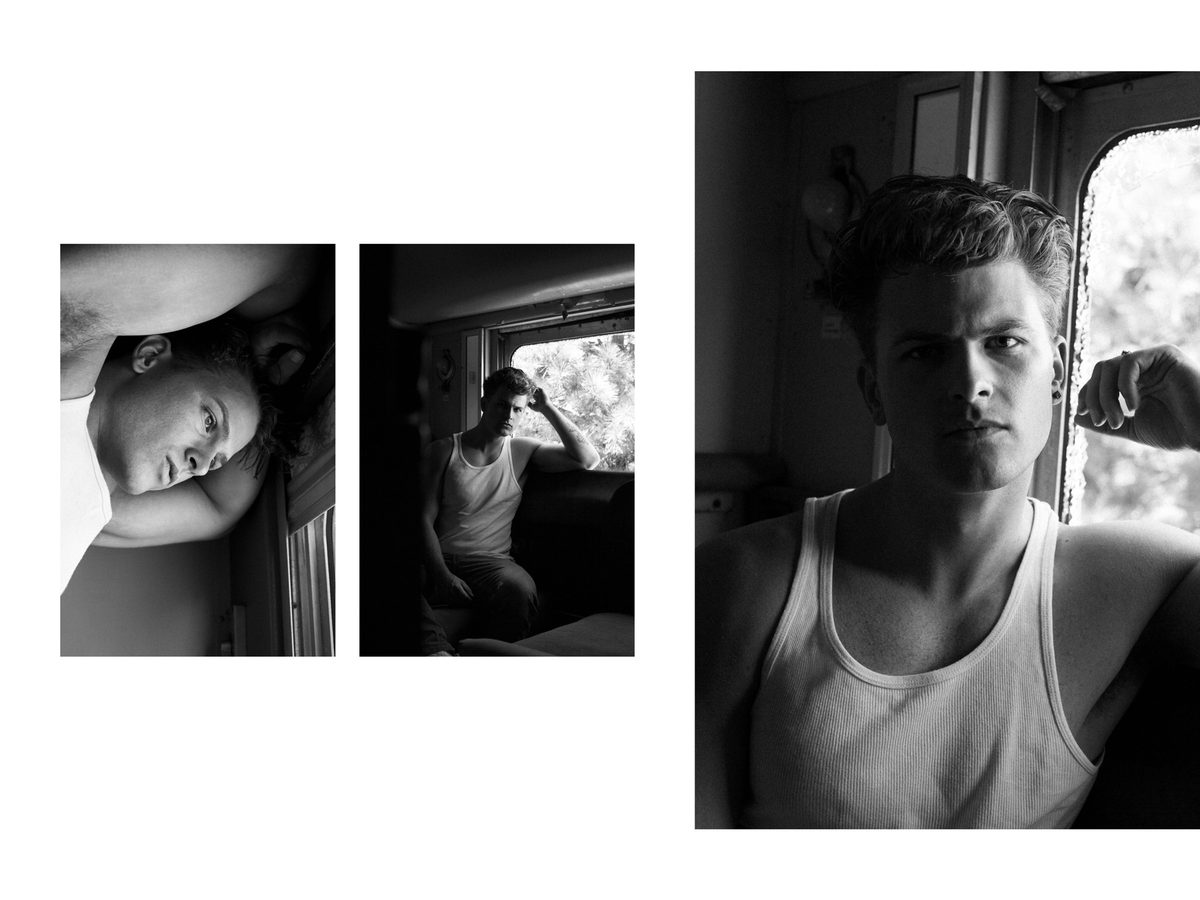 Spread 4 of 12 from On The Road: three photographs of a young man in a tank top in a vehicle, reclining, seated and a close portrait; black and white.