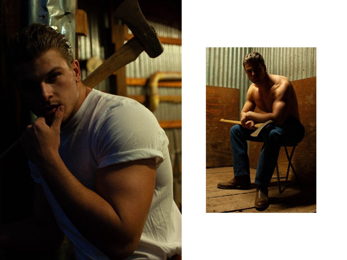 Spread 3 of 6 from The Woodsman: two photographs of a young man in a white t-shirt, near an axe on a wall and seated holding a hatchet; colour.