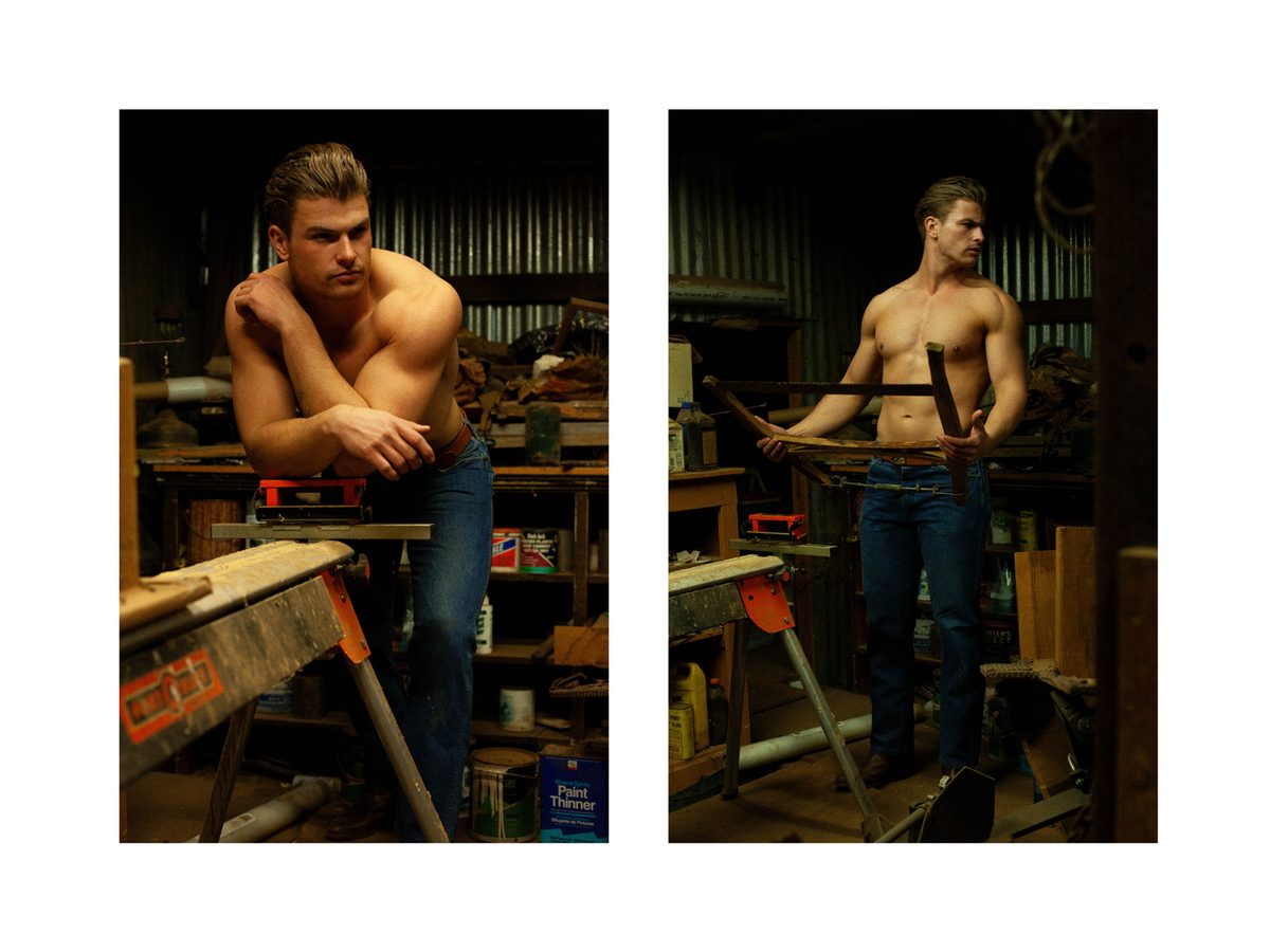 Spread 4 of 6 from The Woodsman: two photographs of a shirtless young man in a workshop, leaning on a sawhorse and holding tools; colour, low light.