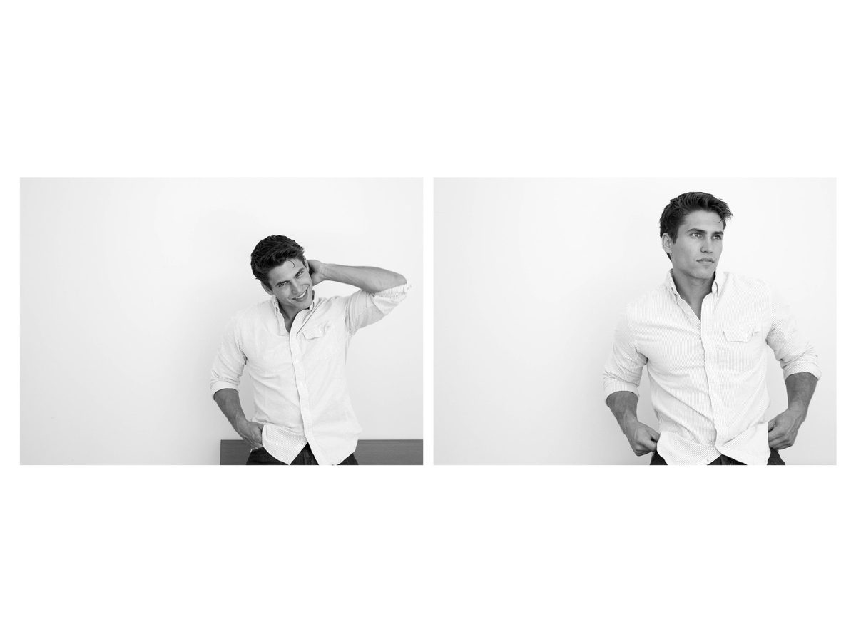 Spread 2 of 8 from Mayers Mark: two photographs of a young man in an open white shirt, seated and standing against a plain wall; black and white.