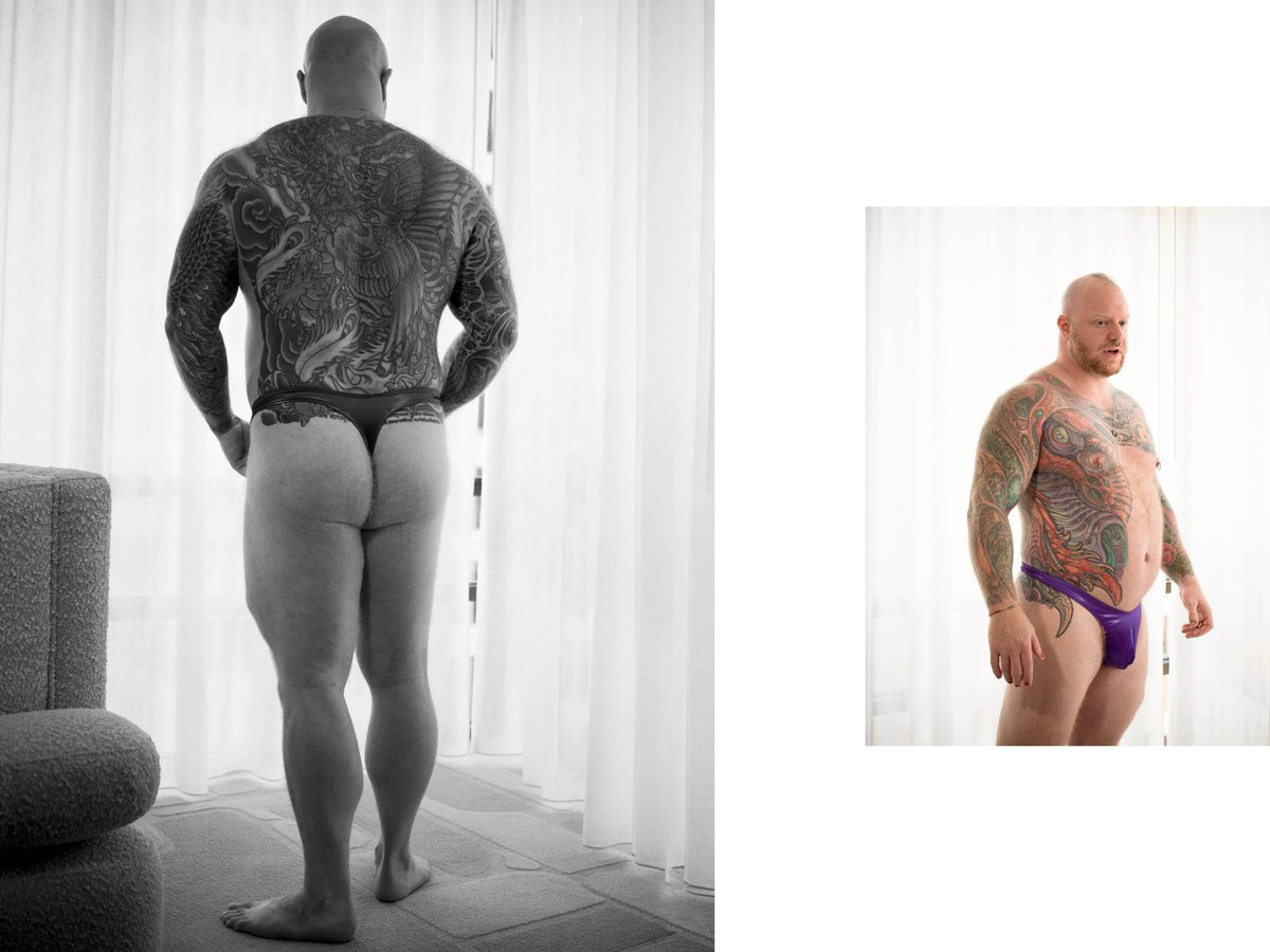 Spread 3 of 8 from Beef, Brawn and Bare: two photographs of a heavily tattooed, bald man in briefs, seen from behind and standing at a window; black and white and colour.