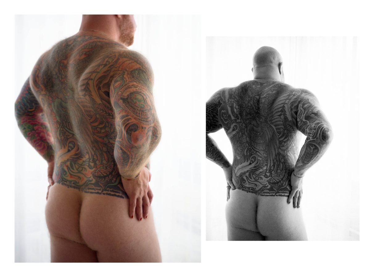 Spread 4 of 8 from Beef, Brawn and Bare: two photographs of a heavily tattooed man's bare back and rear, standing at a window; colour and black and white.