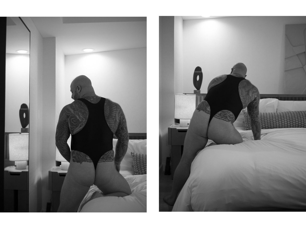 Spread 6 of 8 from Beef, Brawn and Bare: two photographs of a heavily tattooed, bald man in a bodysuit, seen from behind in a bedroom; black and white.