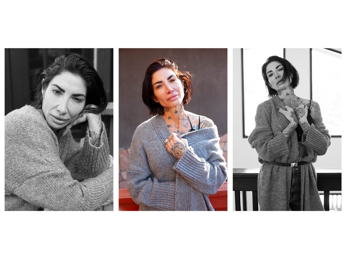 Spread 2 of 6 from Force of Nature: three portraits of a tattooed woman in knitwear, resting her chin on her hand and hugging herself; black and white and colour.
