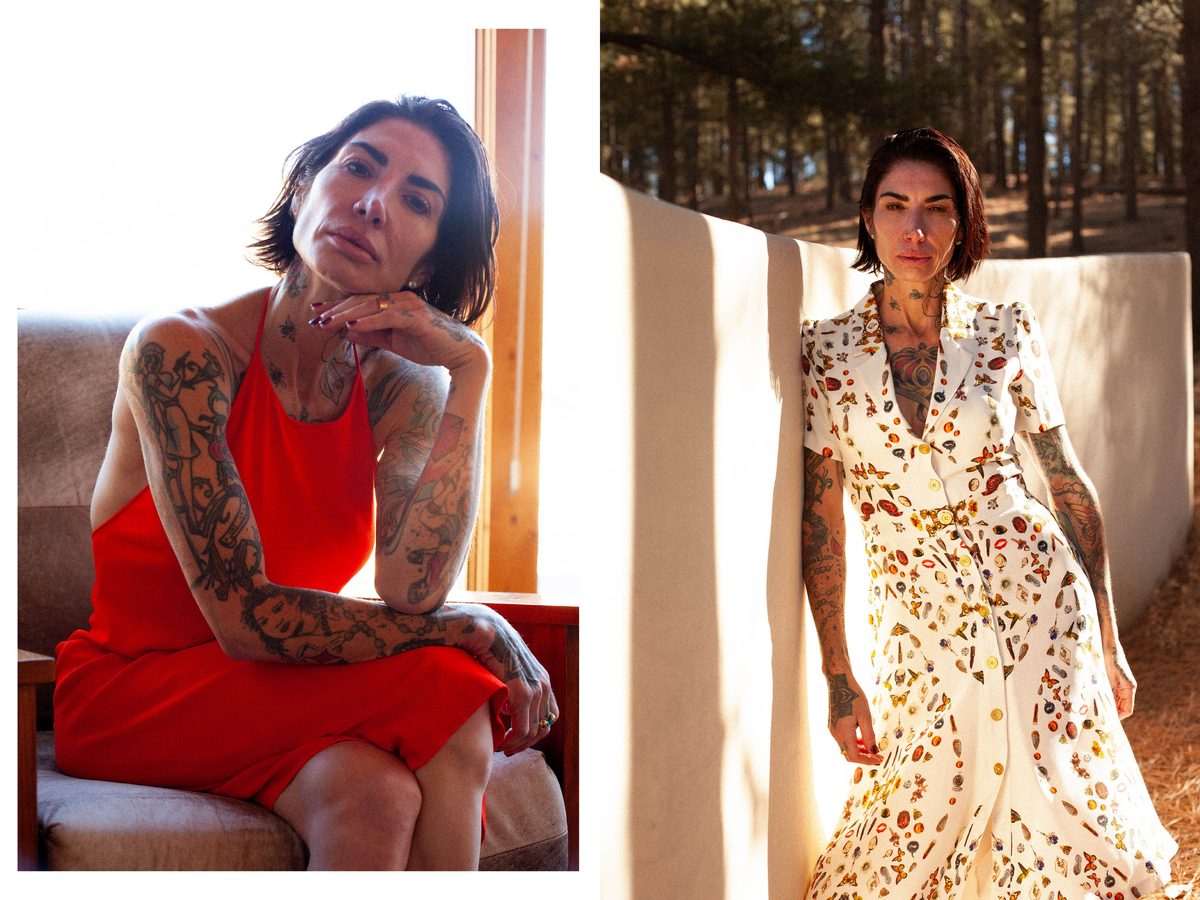 Spread 5 of 6 from Force of Nature: two photographs of a tattooed woman, seated in a red dress and standing in a printed dress outdoors; colour.