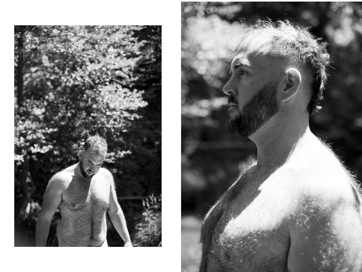 Spread 3 of 7 from Natures Cure: two photographs of a bearded man outdoors, one shirtless looking down, one a profile portrait; black and white.