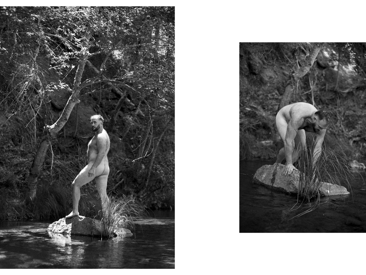Spread 5 of 7 from Natures Cure: two photographs of a bearded nude man by a stream, standing on a rock and bent over washing his hands; black and white.