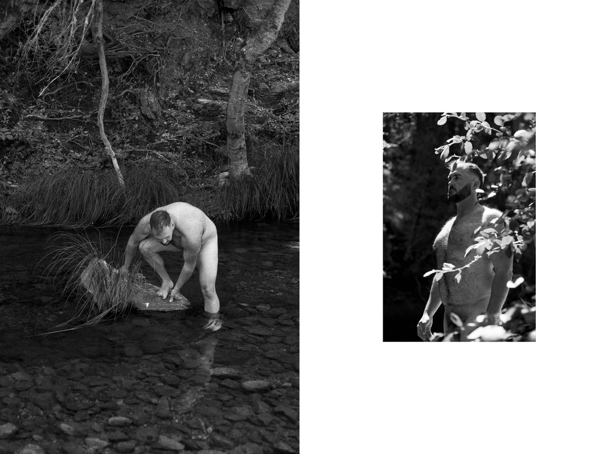 Spread 6 of 7 from Natures Cure: two photographs of a nude man bent over a stream rock and a close portrait among leaves; black and white.