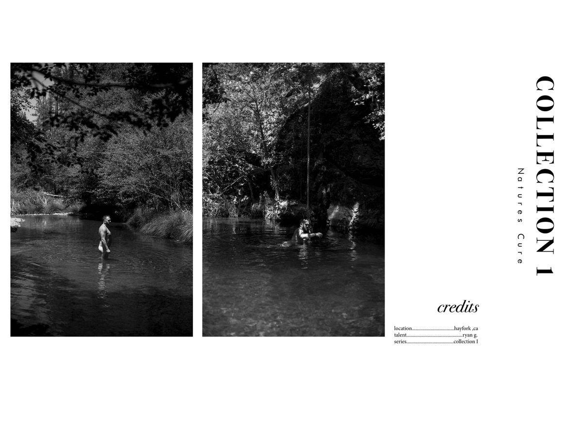 Spread 7 of 7 from Natures Cure: two distant photographs of a nude man wading in a wooded stream, beside the collection's title and credits; black and white.