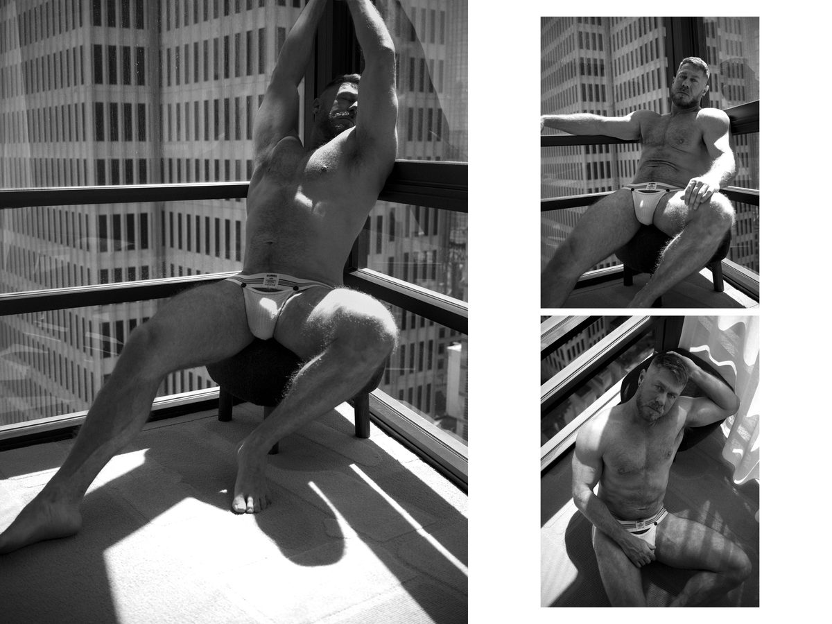 Spread 3 of 5 from Yes Sir: three photographs of a bearded man in a jockstrap on a balcony, seated with arms raised and leaning back; black and white.