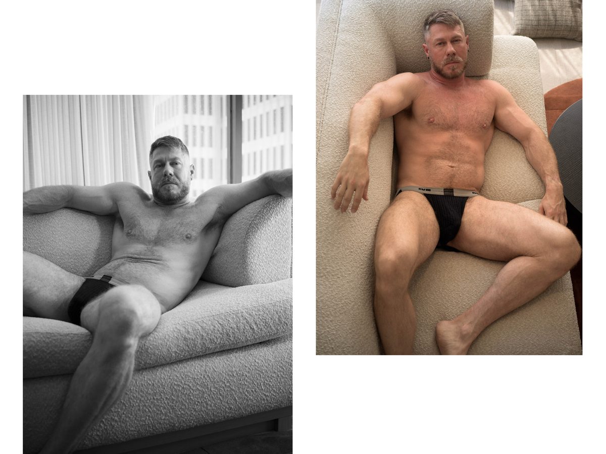 Spread 4 of 5 from Yes Sir: two photographs of a bearded man in briefs reclining on a sofa, arms spread and legs crossed; black and white and colour.