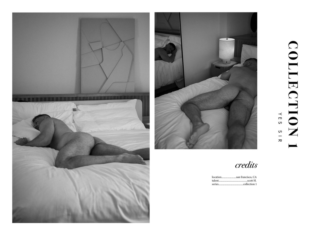 Spread 5 of 5 from Yes Sir: two photographs of a nude bearded man lying face down on a bed, beside the collection's title and credits; black and white.