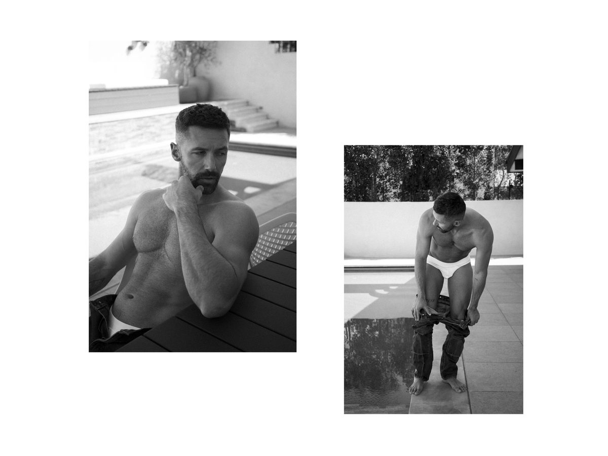 Spread 2 of 2 from Beverly Hills: two photographs of a bearded man poolside, one seated bare-chested, one in briefs bending to remove jeans; black and white.