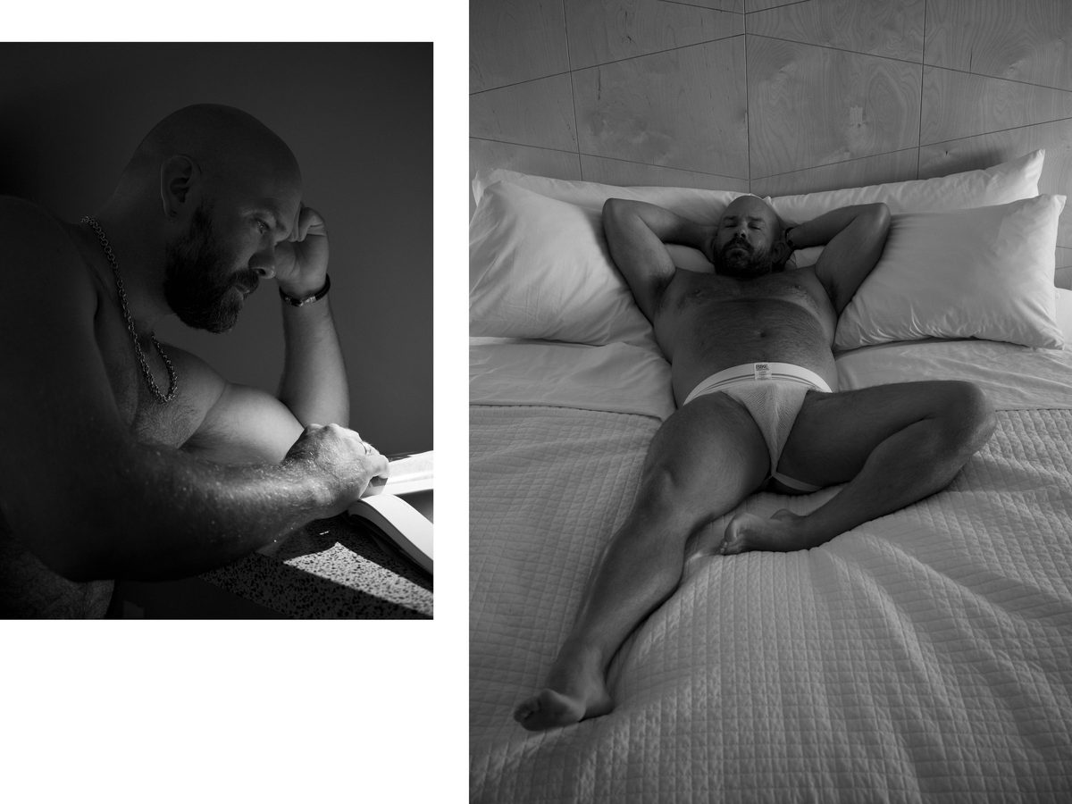 Spread 2 of 11 from Palm Springs, CA: two photographs of a bearded, bald man, a close portrait in shadow and reclining on a bed in briefs; black and white.