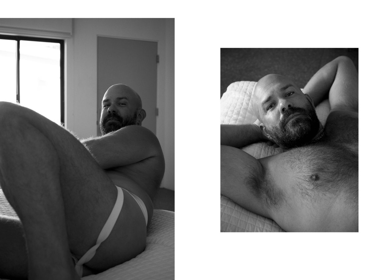 Spread 4 of 11 from Palm Springs, CA: two photographs of a bearded, bald, heavyset man in a jockstrap on a bed, seen from behind and reclining; black and white.