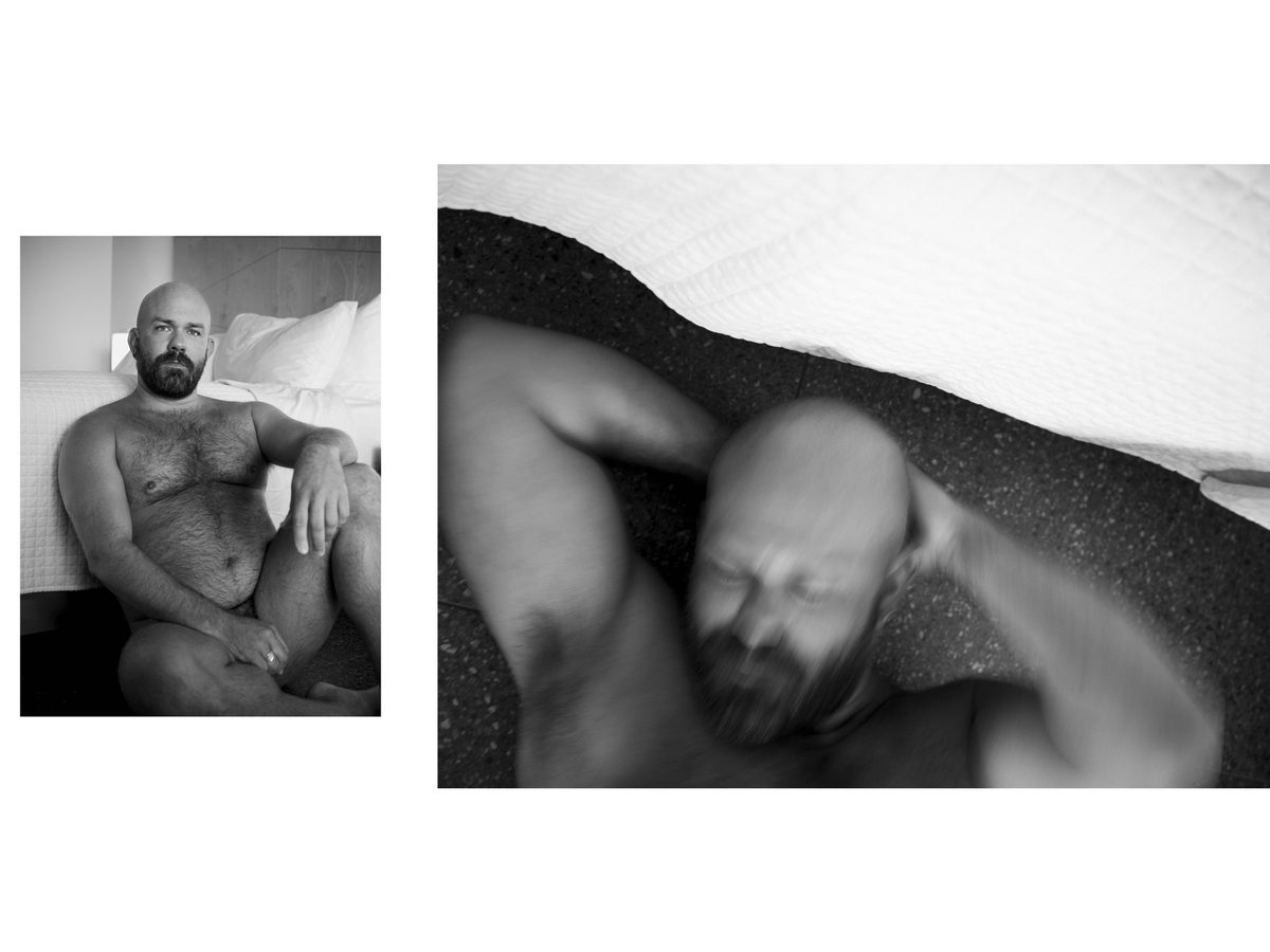 Spread 7 of 11 from Palm Springs, CA: two photographs of a bearded, heavyset man, seated nude and lying across a bed with eyes closed; black and white.