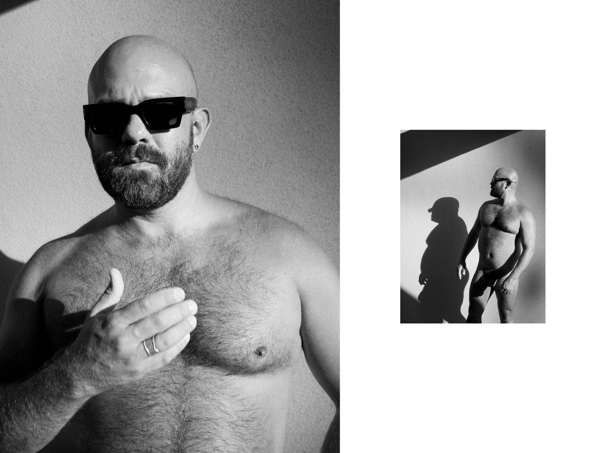 Spread 8 of 11 from Palm Springs, CA: two photographs of a bearded, bald man, a close portrait in sunglasses and a nude figure in sharp shadow; black and white.