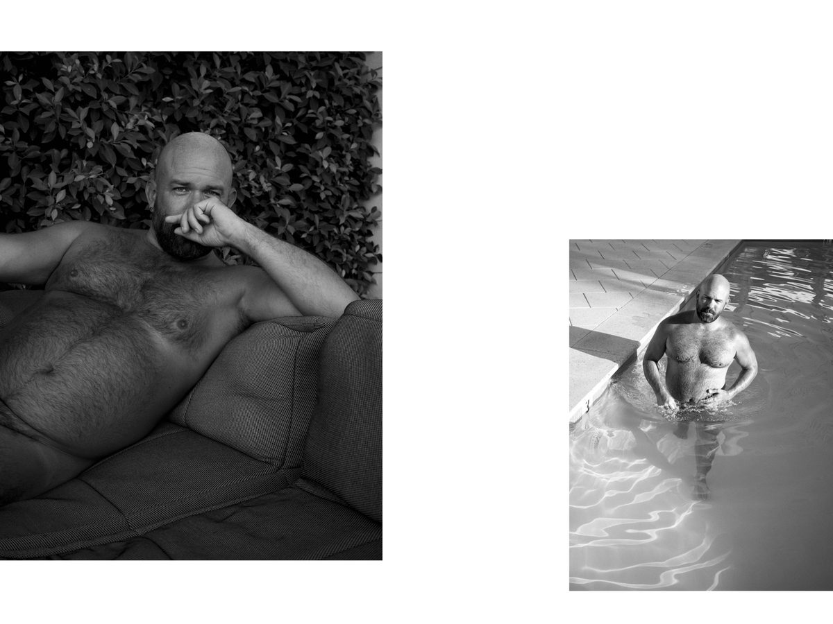 Spread 9 of 11 from Palm Springs, CA: two photographs of a bearded, bald man, reclining on a sofa and wading into a pool; black and white.